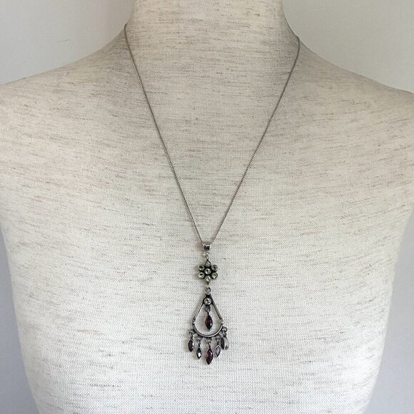 Sterling Silver 925 Red Garnet & Peridot Chandelier Pendant Necklace 20" Chain - Picture 3 of 16